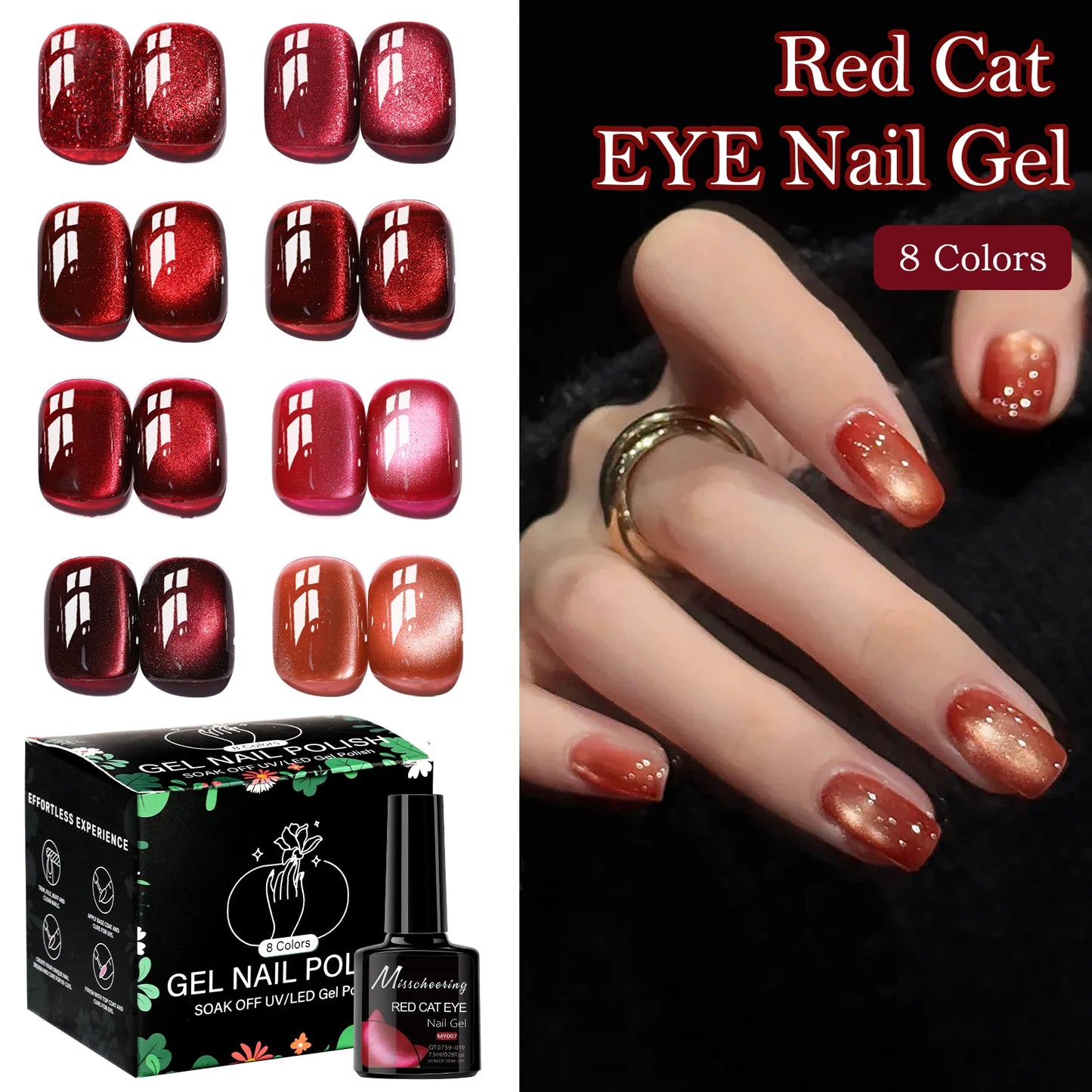 Red Cat Eye Gel Nail Polish Magnetic Glitter Holographic Red Ruby Christmas Polish Reflective Jelly Translucent UV Gel Manicure