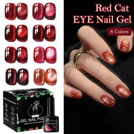 Rött gelnagellack med cat eye, magnetiskt glitter och holografisk effekt