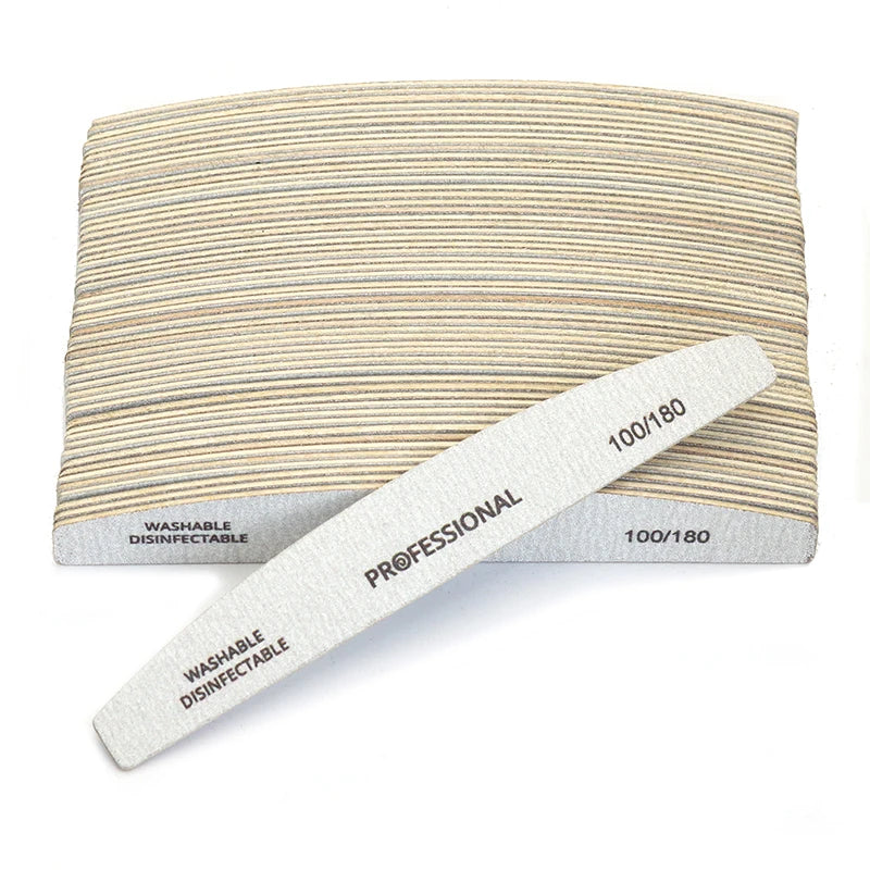 2/6/8/12/20pcs Professional Nail File Grey Half Moon Wooden Nail Files 100/180 Grit Double-Sided Sanding Washable Manicure Tools