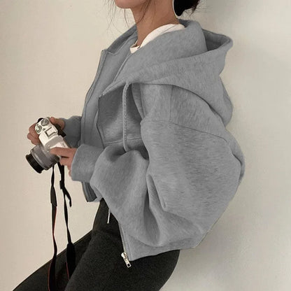 Zippered Long Sleeved Hooded Sweatshirt Loose Casual Simple Trendy Versatile Solid Color Fashionable Lazy Jacket Wholesale