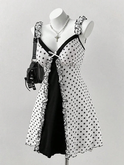 Plus Size Y2K Polka Dot Dress, Ruffle Trim Bow Front Cami Mini Dress, Sexy Sweet Coquette Style Party Dress for Women