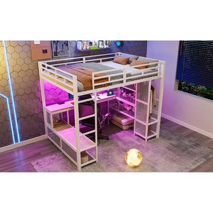140x200cm Metal High Bed with Storage and Open Wardrobe, Kids Bedroom Bed with USB Connector and LED Lighting, Black/white