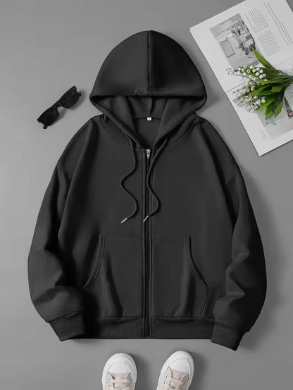 Black White Women's Zipper Hoodies Jacket Cotton Fleece Hoody Sweatshirt Pullover Autumn Winter Oversized Loose Tops Coat Unisex
