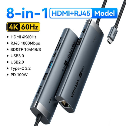 Vention USB C HUB 4K 60Hz Type C to HDMI RJ45 Ethernet PD 100W SD TF for MacBook PC iPad Sumsang PC Tablet Phone USB 3.0 Hub