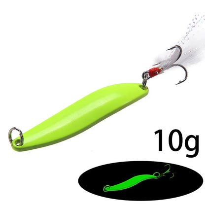 1pcs 5g 7g 10g 13g Luminous Fishing Spinner Spoon Lure Hard Bait with Feather For Bass Sea Lures Wobbles Fishing Accessories