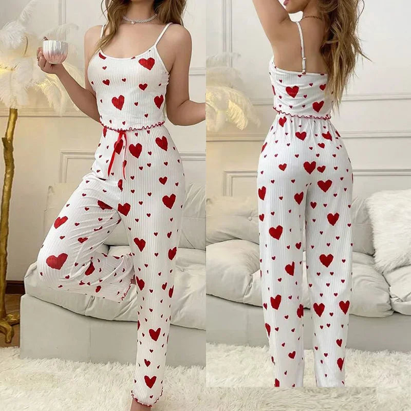 Pyjamasset dam med hjärttryck – linne med volang och långbyxor, S–1XL