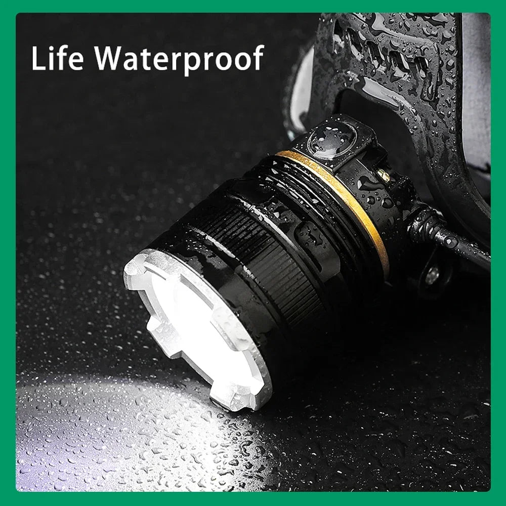 XIWANGFIRE XHP90.2 Pannlampa 50W – Zoom, Rörelsesensor, Vattentålig, 100–300m, Camping & Fiske