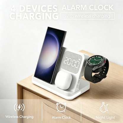 4 in 1 Wireless Charger Alarm Clock Stand For Samsung S26 S25 Galaxy Watch 8 7 6 5 Active 2 Buds4 Pro 3/2 Fast Charging Station