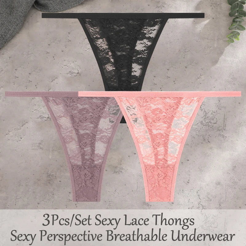 3Pcs/Set Sexy Lace Floral Panties For Women Solid Color Transparent Underwear Female Lace Perspective Hollow Out G-string Thongs