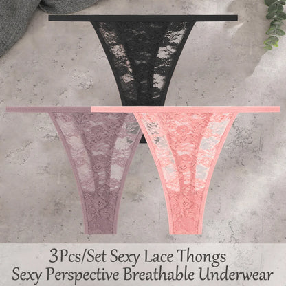 3Pcs/Set Sexy Lace Floral Panties For Women Solid Color Transparent Underwear Female Lace Perspective Hollow Out G-string Thongs