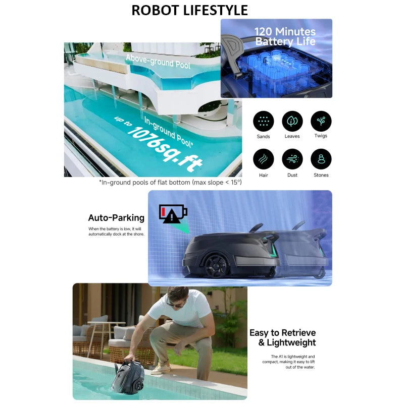 WYBOT A1 Trådlös Poolrobot – 120min 2600mAh IPX8 Dubbellager Filter Gyroskopnavigering Auto-Parkering 100m² 2026
