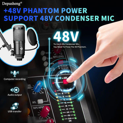 6/8/12/16 Channel Depusheng Audio Mixer Professional  Sound Board DJ Mixing Console System Interface USB MP3 Input Bluetooth 48V
