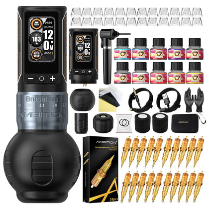 Ambition Ninja Max 280 Wireless Tattoo Machine Pen Full Kit Adjustable Stroke Brushless Motor 20pcs Mixed Needle 10 Inks Set