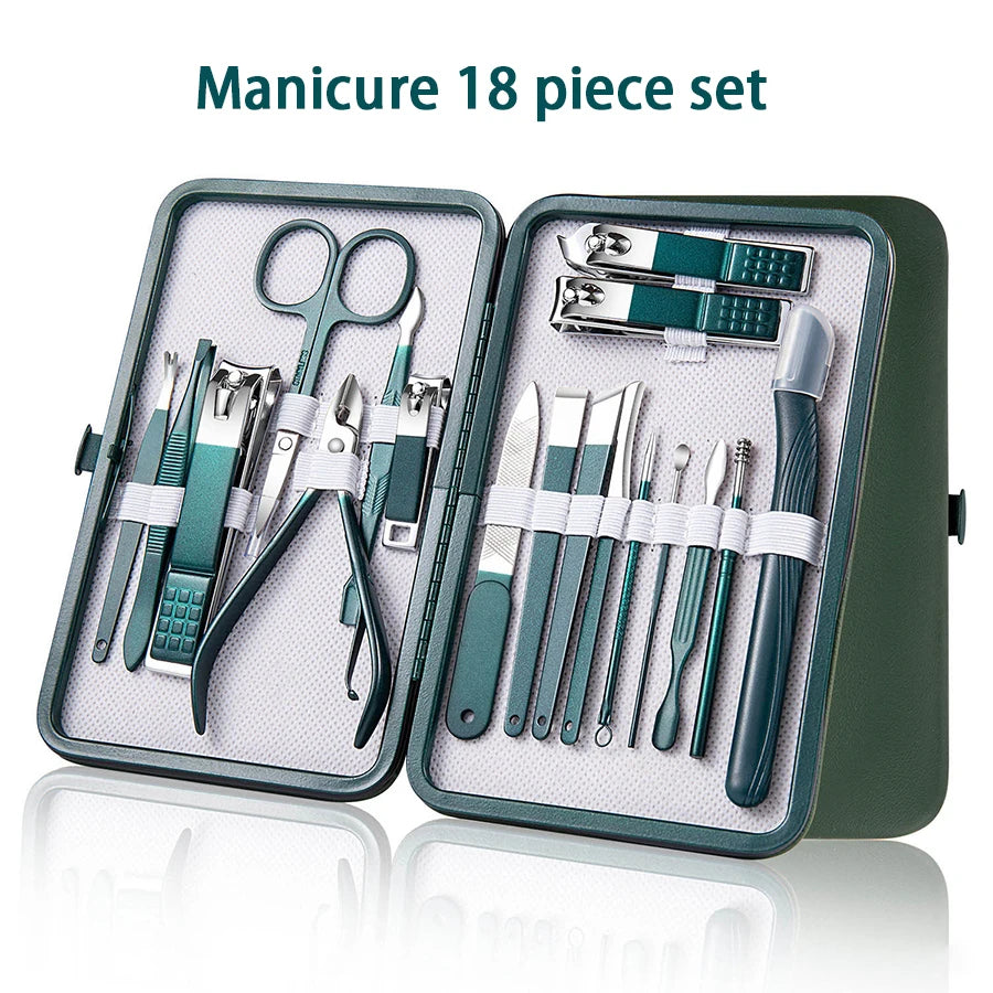 GreenStainlessSteel Nail Clippers Set-6-18 Nail Care Sets with Leather Storage Box-Professional Foot and Face Care Tool Set