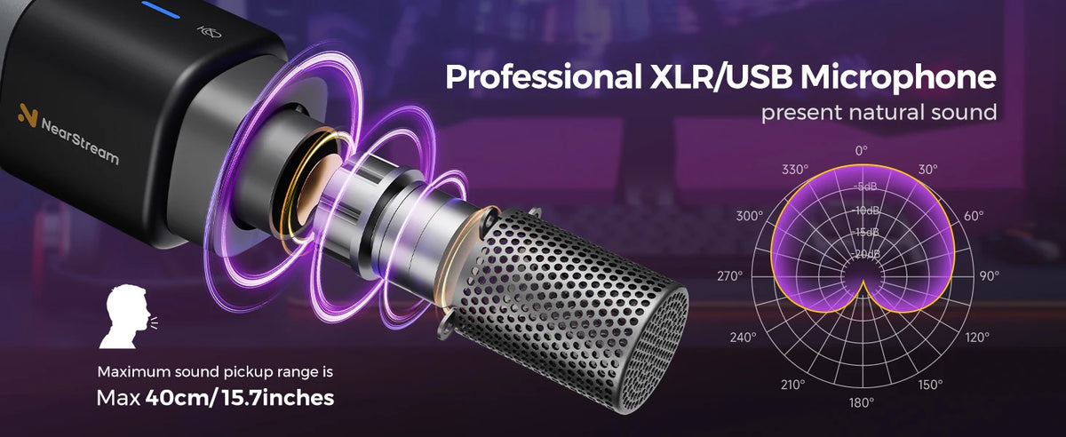 NearStream USB XLR Kondensatormikrofon med Bomarm Set för Streaming Podcast Studio