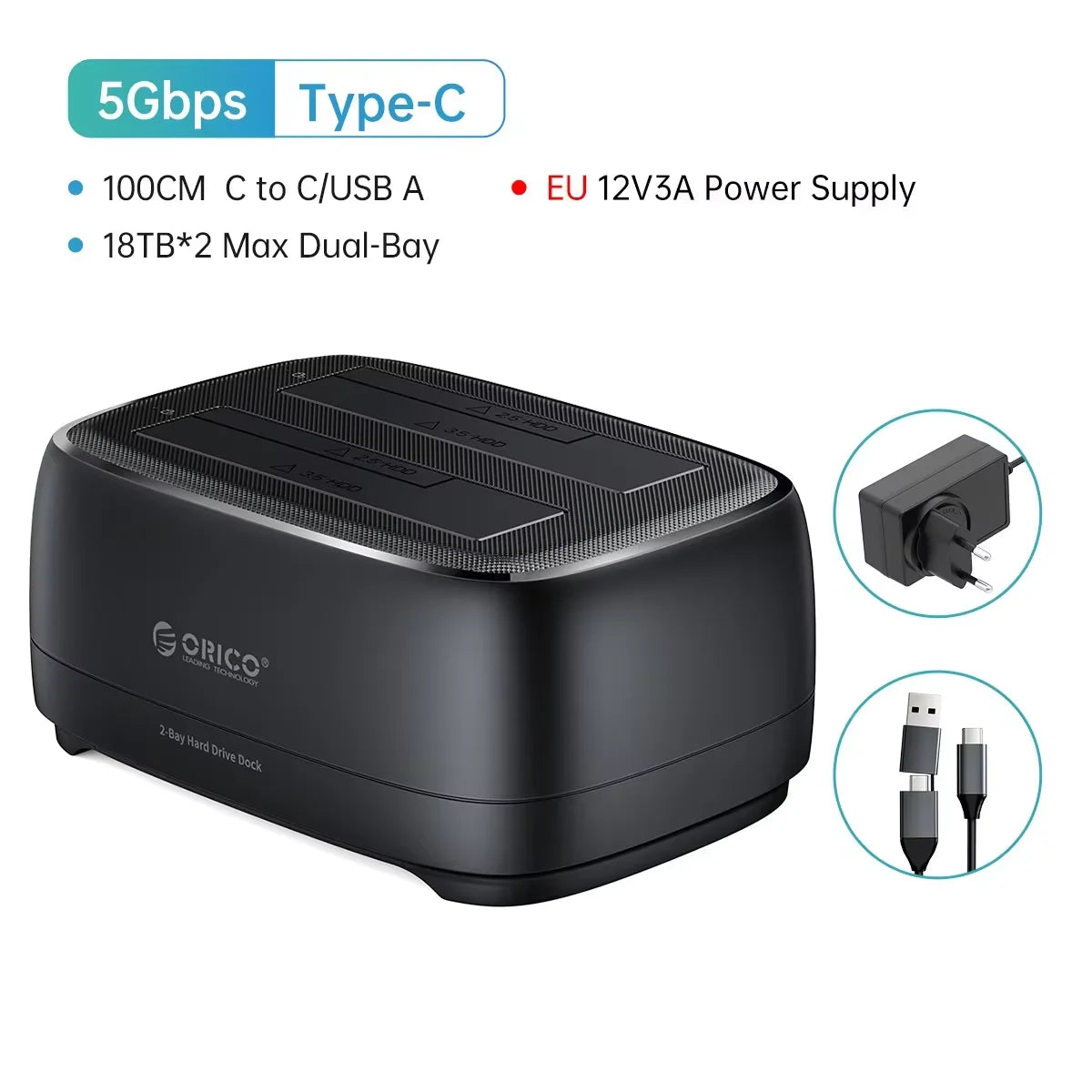 ORICO Dual-bay Hard Drive Station 5Gbps Type-C HDD Docking Station  with 12V 3A Power Adapter  for 2.5/3.5 Inch HDD/SSD