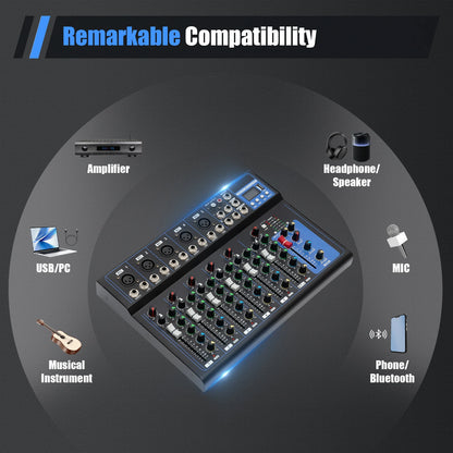 7/8-Channel Professioneller Mixer, Soundboard Konsole with Bluetooth USB PC Recording Input XLR Microphone Jack