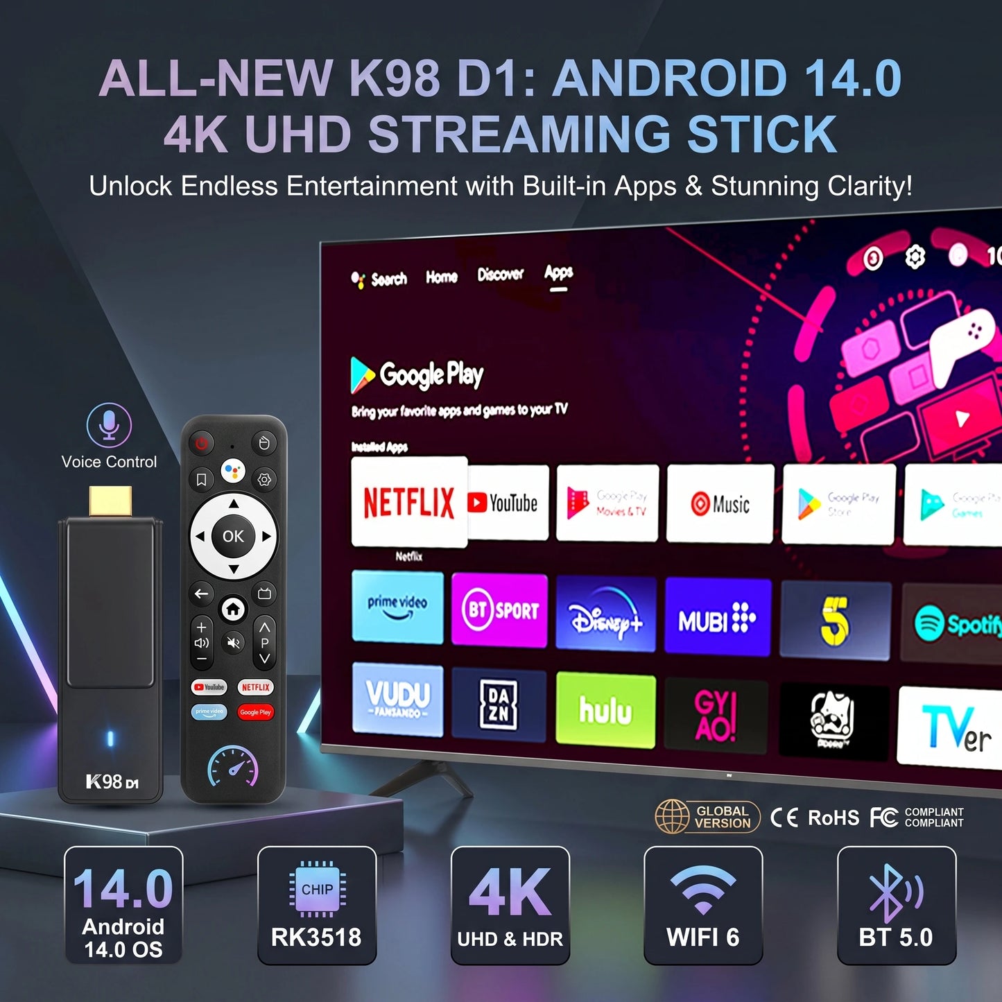 2026 Android 14.0 TV Stick Kowankit K98D1 TV Box 4K HDR RK3518 Wifi6 BT5.0 2.4G 5G Smart TV BOX Voice Remote Set TOP Box