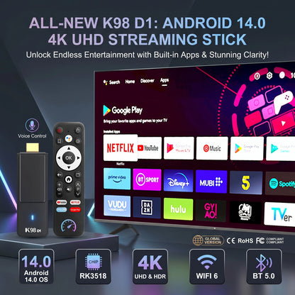 2026 Android 14.0 TV Stick Kowankit K98D1 TV Box 4K HDR RK3518 Wifi6 BT5.0 2.4G 5G Smart TV BOX Voice Remote Set TOP Box