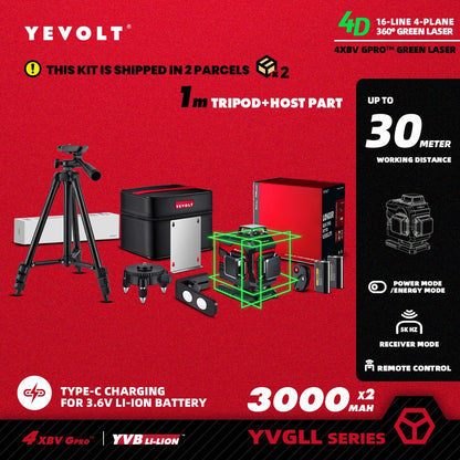 YEVOLT YVGLL4XS16 Grön Lasernivå 4D – 4 Plan, 16 Linjer, 3Ah/5,2Ah Batteri, Självnivellerande