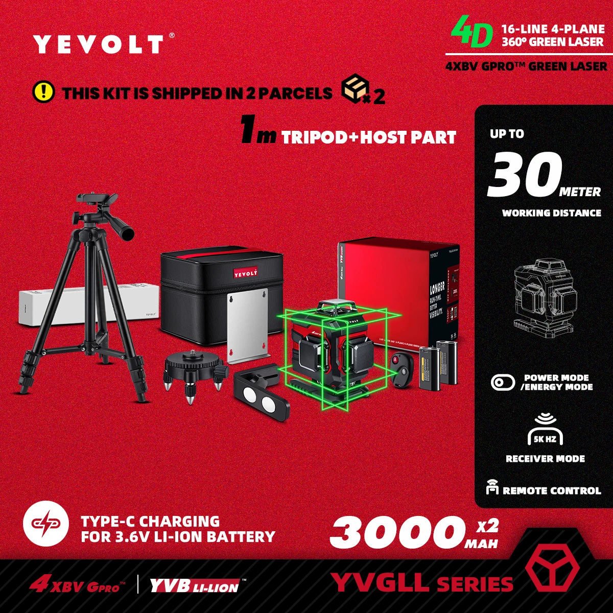 YEVOLT YVGLL4XS16 Grön Lasernivå 4D – 4 Plan, 16 Linjer, 3Ah/5,2Ah Batteri, Självnivellerande