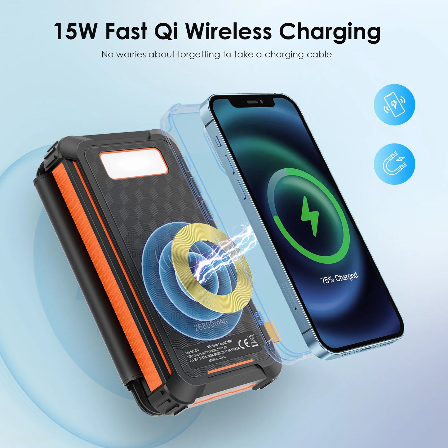 PD 22.5 W Solar Power Bank 26800mAh Fast Solar Charger QC 3.0,3 Outputs,4 Foldable Panels Charges External Battery,Camping Light