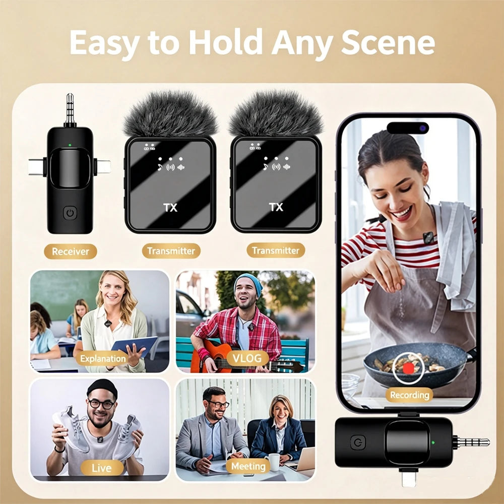 KEBIDUMEI 3 in 1 Wireless Lavalier Microphone Dual Noise Reduction Mini 1 to 2 Mic for Living Broadcast Gaming Video Recording