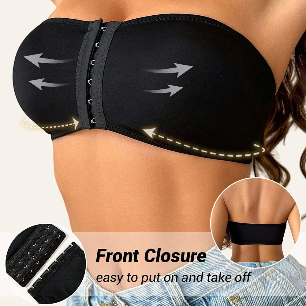 Plus Size Women's Front Fastening Bandeau Bras Strapless Push Up Wirefree Comfortable Bra Strapless Everyday Padded Bralette