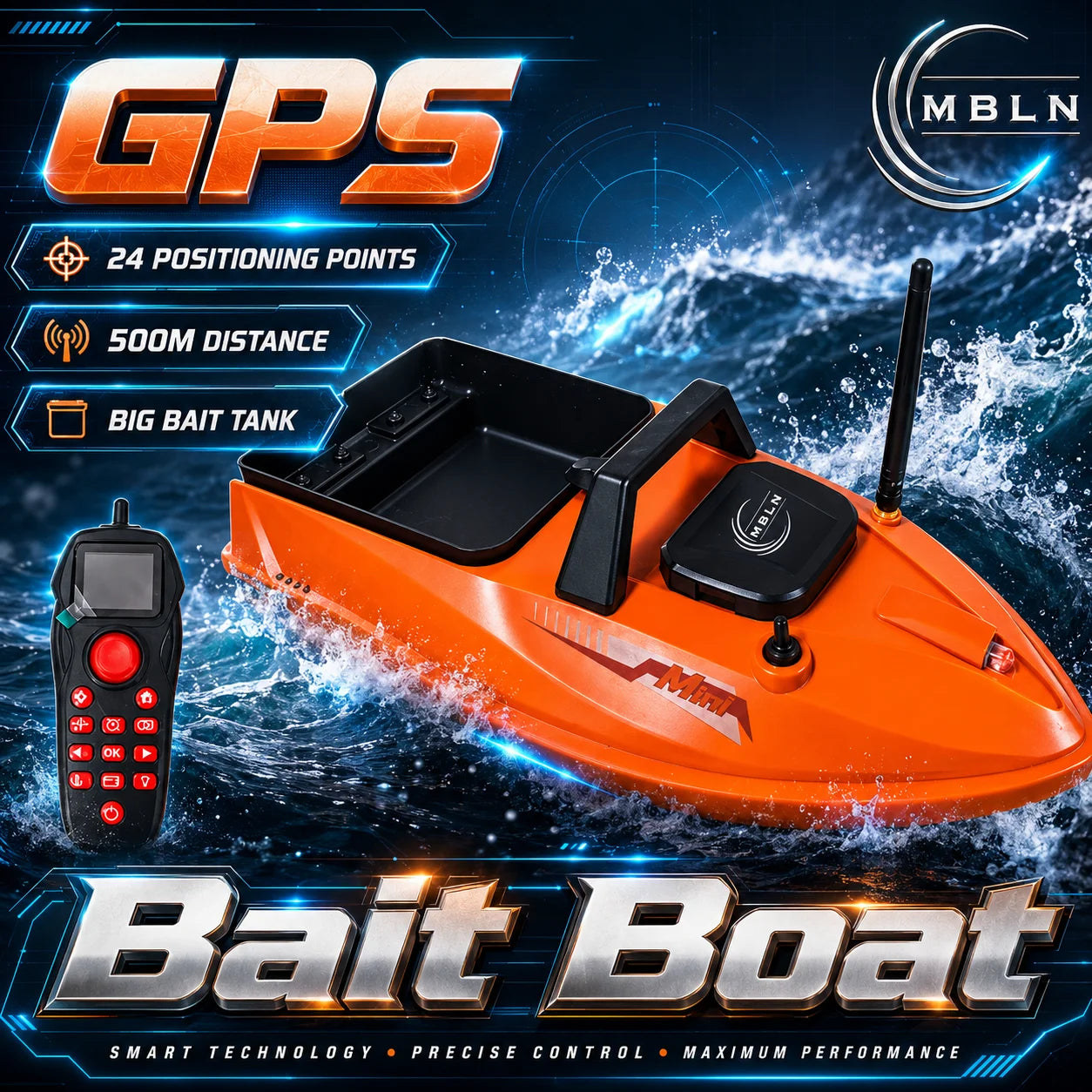 MBLN GPS RC Baitbåt – 500m Räckvidd, 1,5kg Hink, GPS-navigering & Autohåll