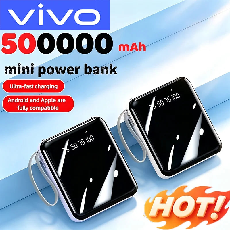 VIVO Mini Powerbank med 4 Inbyggda Kablar – Snabbladdning LED-display Dual USB Svart Vit Röd 50000/100000/200000mAh