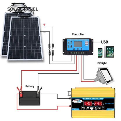 Solsystem-kit – 12V till 110V/220V, Inverter + 100A Regulator + Solpaneler, Hem/Stuga/Husbil/Camping, Svart/Gul
