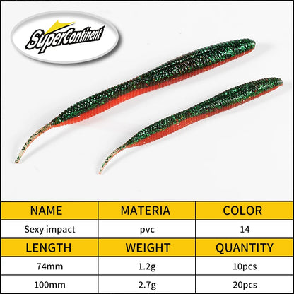 2019 new Supercontinent Needle-tailed straight worm now hot 100mm/10pcs Double Color Silicone Bait