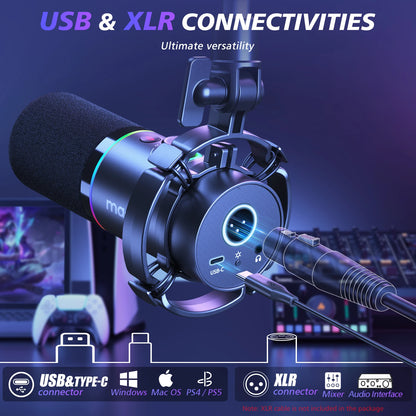 MAONO PD200XS USB/XLR Dynamic Microphone with Shock Mount Boom Arm Stand Maonolink Gain Knob RGB Light for PC Gaming Recording