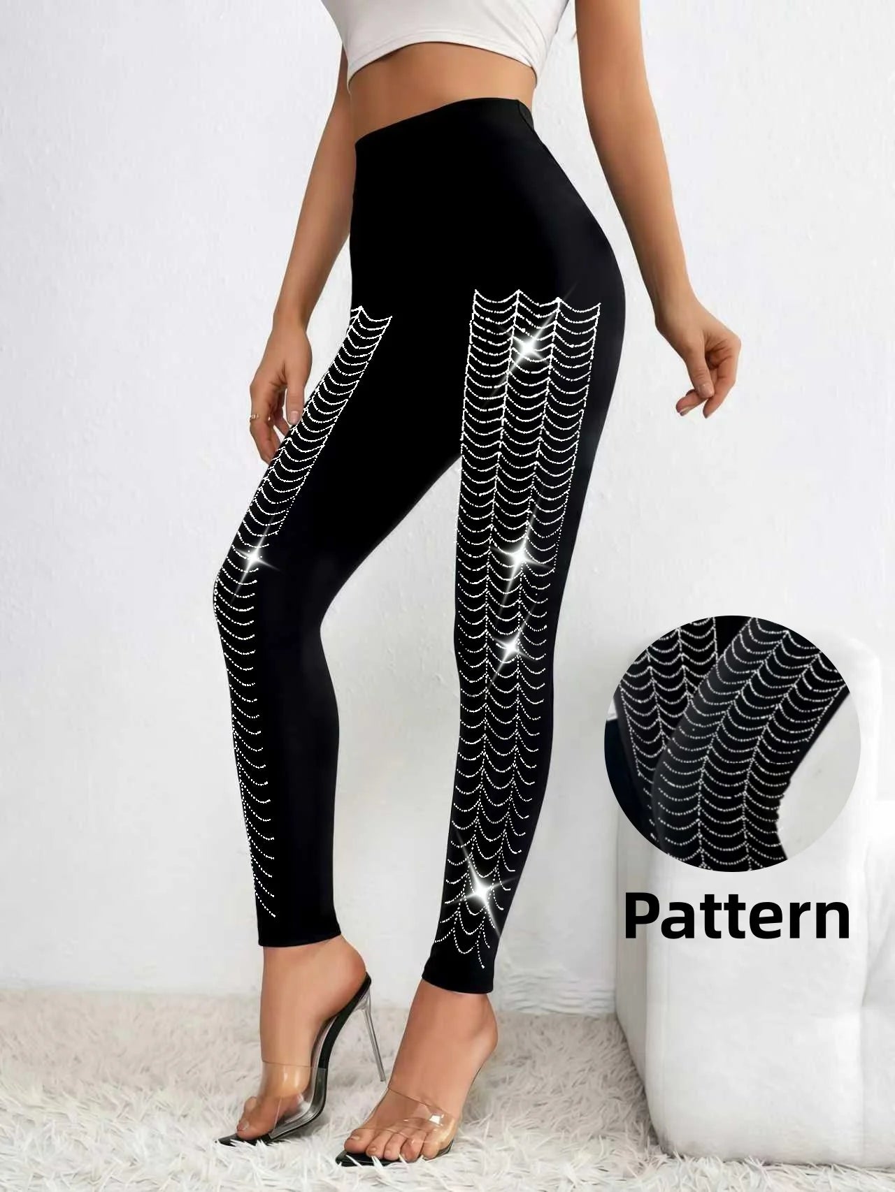 Women's Sparkly Spider Web Rhinestone Embellished Side Glitter Tight Leggings Sexy Club Party Pants