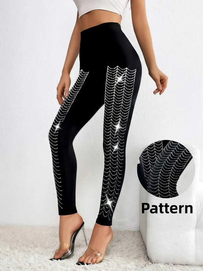 Women's Sparkly Spider Web Rhinestone Embellished Side Glitter Tight Leggings Sexy Club Party Pants