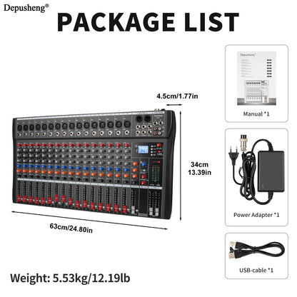 6/8/12/16 Channel Depusheng Audio Mixer Professional  Sound Board DJ Mixing Console System Interface USB MP3 Input Bluetooth 48V