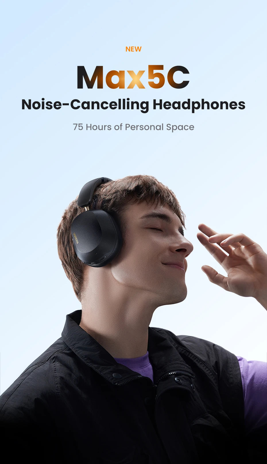 UGREEN Max5c Wireless Bluetooth Headphones ANC 43dB Active Noise Cancellation Hi-Res LDAC 75H Spatial Audio Earphones Headset