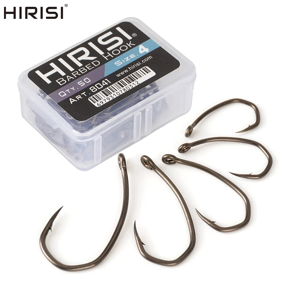 Hirisi 8041 50Pcs PTFE Coated Fish Hook High Carbon Stainless Steel Anti-Rust Sharp Point Barbed With Eye for Fishing Accessory