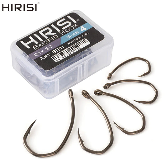 Hirisi 8041 50Pcs PTFE Coated Fish Hook High Carbon Stainless Steel Anti-Rust Sharp Point Barbed With Eye for Fishing Accessory
