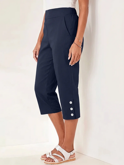 Women's High Waisted Capri Trousers Summer Stretch Cropped Pants with Pocket and Button Details Navy Blue Casual Comfort
