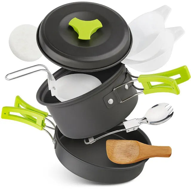 Campingkokset 9-delar – Non-Stick Aluminium, Kastrull, Panna, Skålar & Förvaringsväska, Ljusgrön
