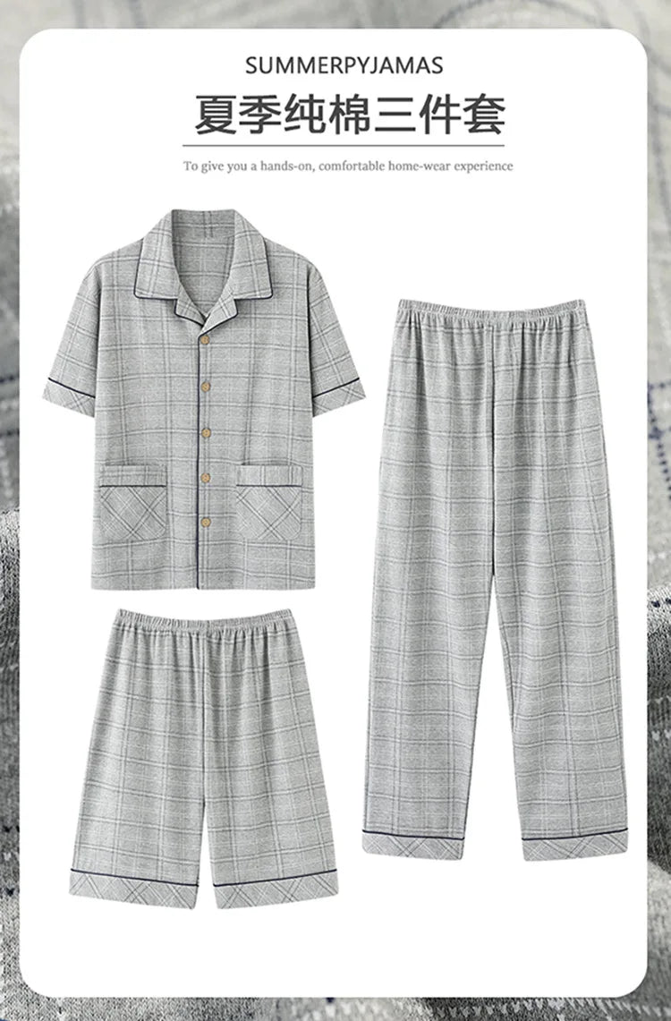 2023 New Cotton Sleepwear Men's 3 Pieces Set Homewear Plus Size 4XL Cardigan Nightwear Short Sleep Tops & Shorts & Long Pants