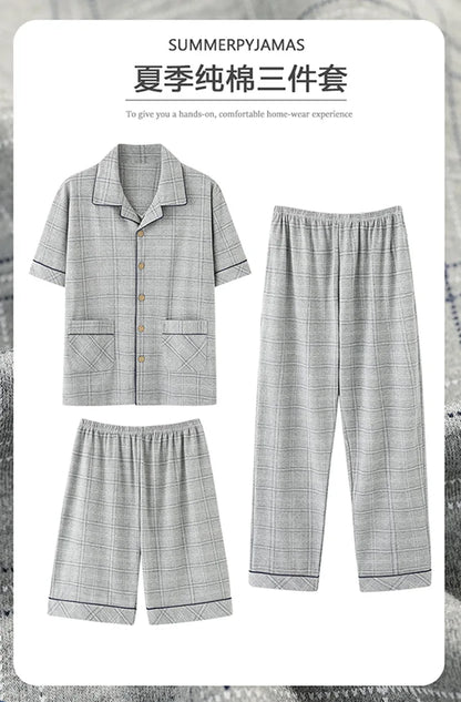 2023 New Cotton Sleepwear Men's 3 Pieces Set Homewear Plus Size 4XL Cardigan Nightwear Short Sleep Tops & Shorts & Long Pants