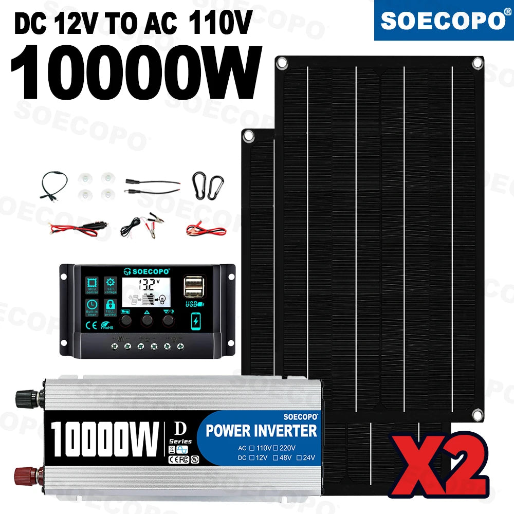 SOECOPO Solsystem-kit – 12V till 110V/220V, 1100W Inverter (10000W topp), 100A Regulator, 2×Solpanel, Hem/Husbil/Camping/Off-Grid