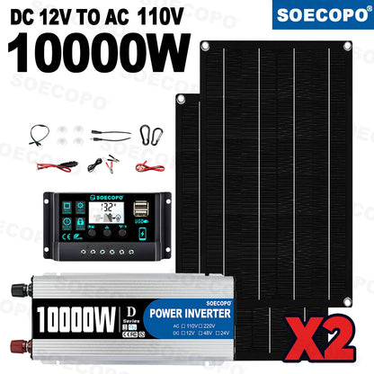 SOECOPO Solsystem-kit – 12V till 110V/220V, 1100W Inverter (10000W topp), 100A Regulator, 2×Solpanel, Hem/Husbil/Camping/Off-Grid