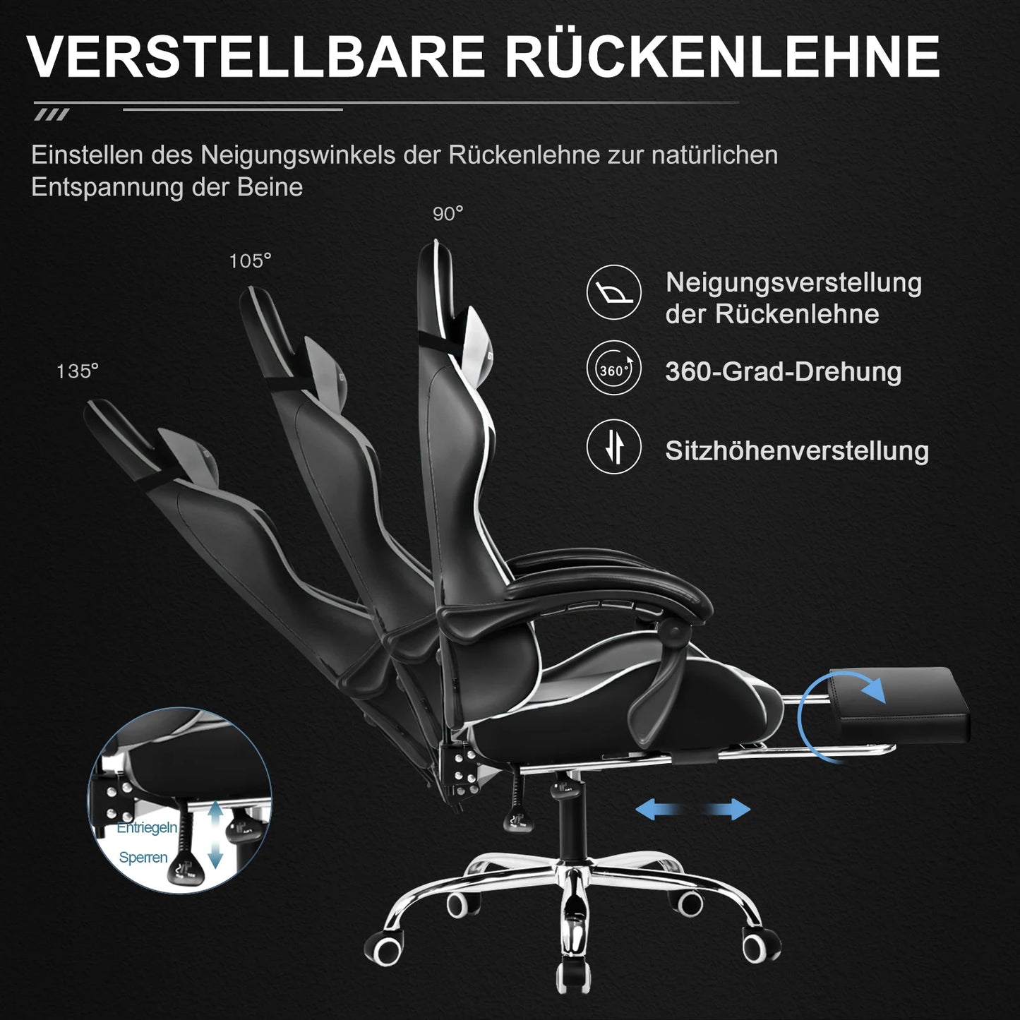 GTPLAYER Gaming chair with massage Lumin cushion & footrest, Ergonomic office chair with padded seat, swivel chair up to 150 kg
