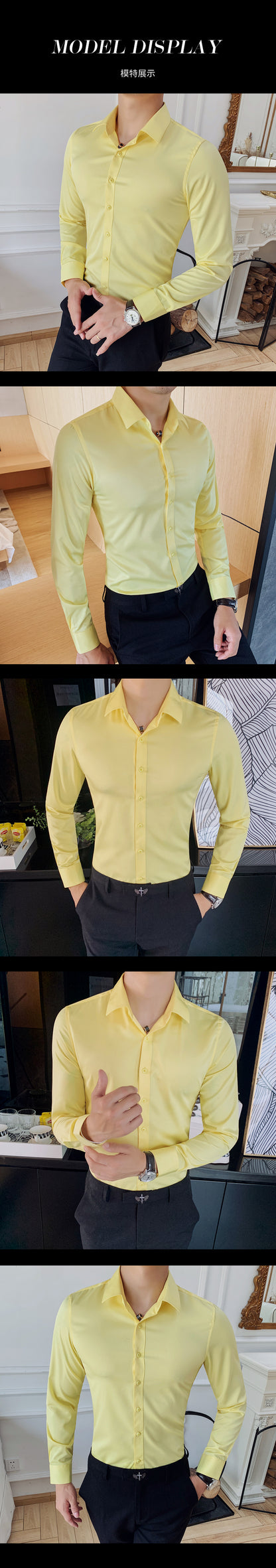 Boutique Fashion Solid Color Formal Wedding Dress Men's Long-sleeved Shirts Club Banquet Party Social Male Shirt
