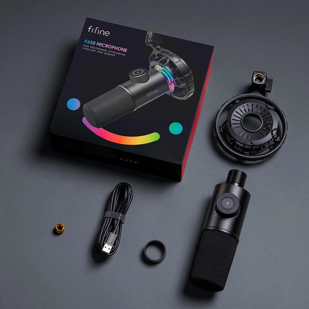 FIFINE Dynamic Microphone for windows&laptop,USB Mic for Gaming with Tap-to-Mute Button/RGB Light/Headphone Jack -K658