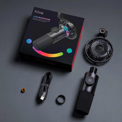 FIFINE Dynamic Microphone for windows&laptop,USB Mic for Gaming with Tap-to-Mute Button/RGB Light/Headphone Jack -K658
