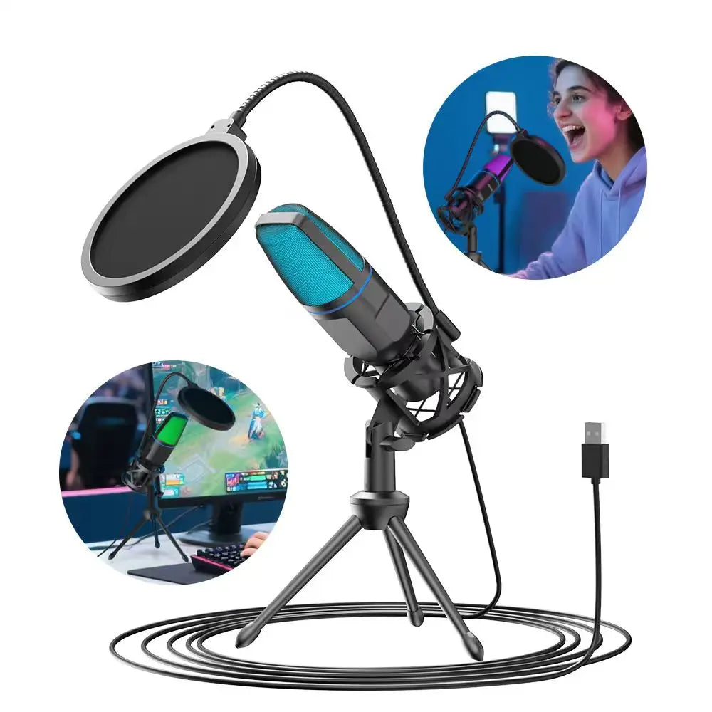 USB Microphone RGB Microfone Condensador Wire Gaming Mic for Podcast Recording Studio Streaming Laptop Desktop PC